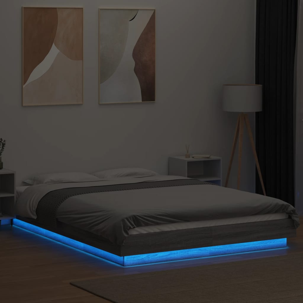 vidaXL Cadru de pat cu lumini LED gri sonoma 120x190 cm lemn prelucrat vidaXL Cadru de pat cu lumini LED gri sonoma 120x190 cm lemn prelucrat