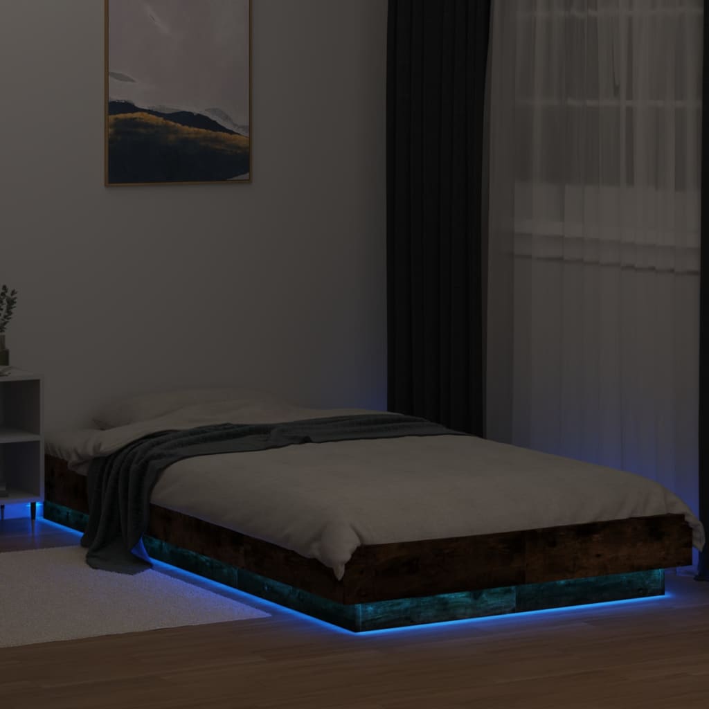 vidaXL Cadru de pat cu LED, stejar fumuriu, 90x190 cm, lemn prelucrat vidaXL Cadru de pat cu LED, stejar fumuriu, 90x190 cm, lemn prelucrat