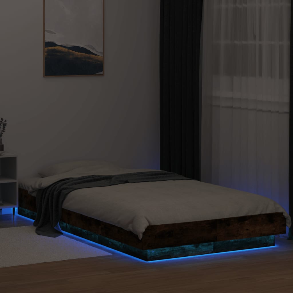 vidaXL Cadru de pat cu LED stejar fumuriu 75x190 cm lemn prelucrat