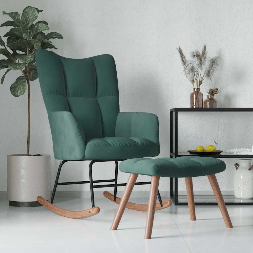 vidaXL Scaun balansoar cu taburet, verde închis, catifea vidaXL Scaun balansoar cu taburet, verde închis, catifea