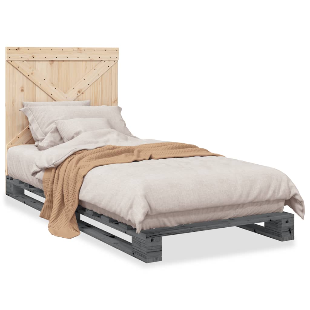 vidaXL Cadru de pat cu tăblie, gri, 90x200 cm, lemn masiv de pin vidaXL Cadru de pat cu tăblie, gri, 90x200 cm, lemn masiv de pin