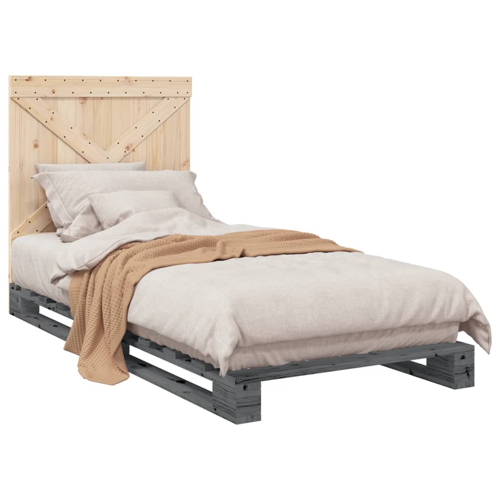 vidaXL Cadru de pat cu tăblie, gri, 90x200 cm, lemn masiv de pin vidaXL Cadru de pat cu tăblie, gri, 90x200 cm, lemn masiv de pin