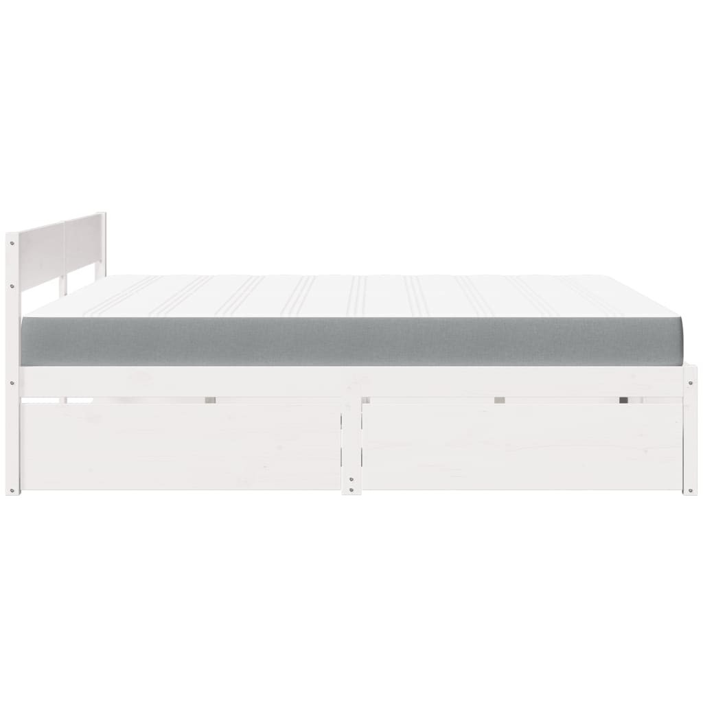 vidaXL Pat cu sertare și saltea, alb, 200x200 cm, lemn masiv pin