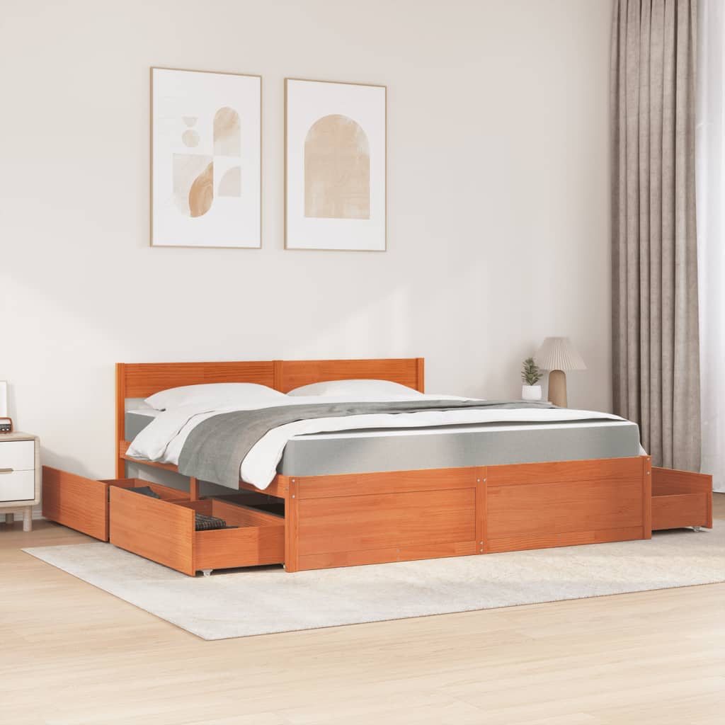 vidaXL Pat cu sertare saltea, maro ceruit, 180x200 cm, lemn masiv pin