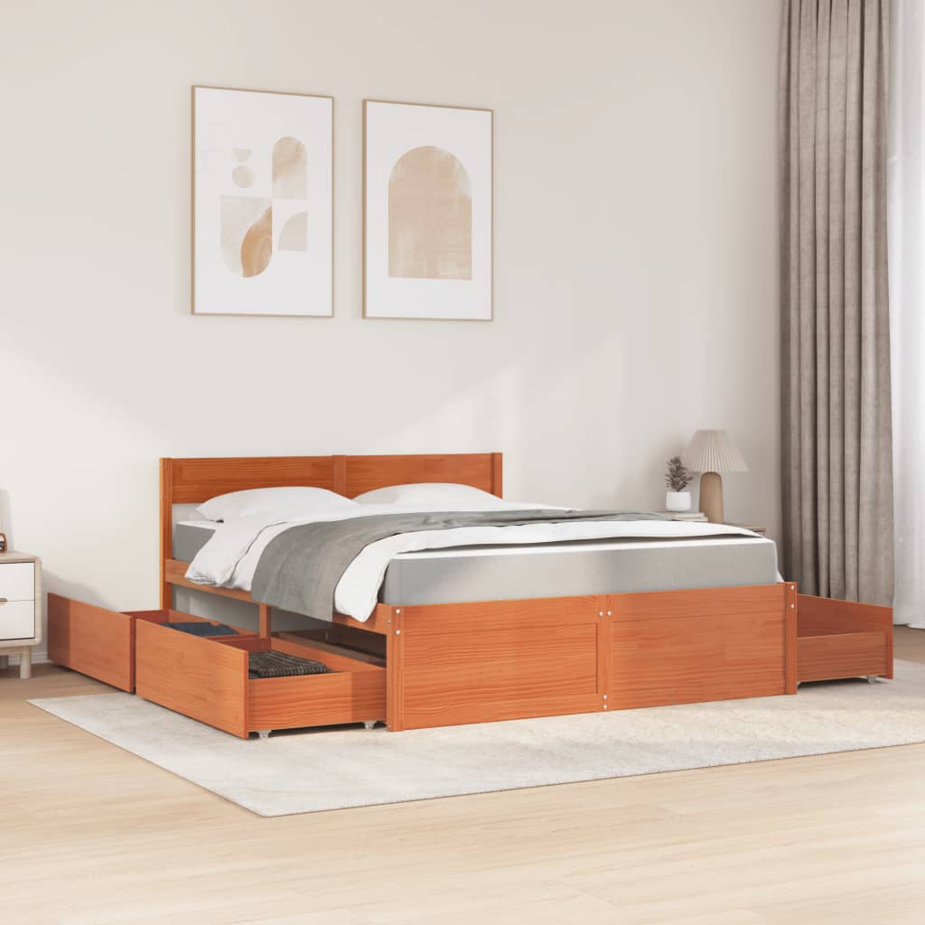 vidaXL Pat cu sertare saltea, maro ceruit, 160x200 cm, lemn masiv pin