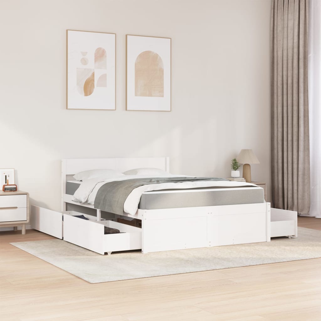 vidaXL Pat cu sertare saltea, alb, 120x200 cm, lemn masiv pin
