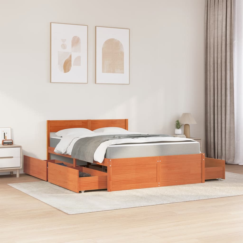 vidaXL Pat cu sertare saltea, maro ceruit, 120x200 cm, lemn masiv pin