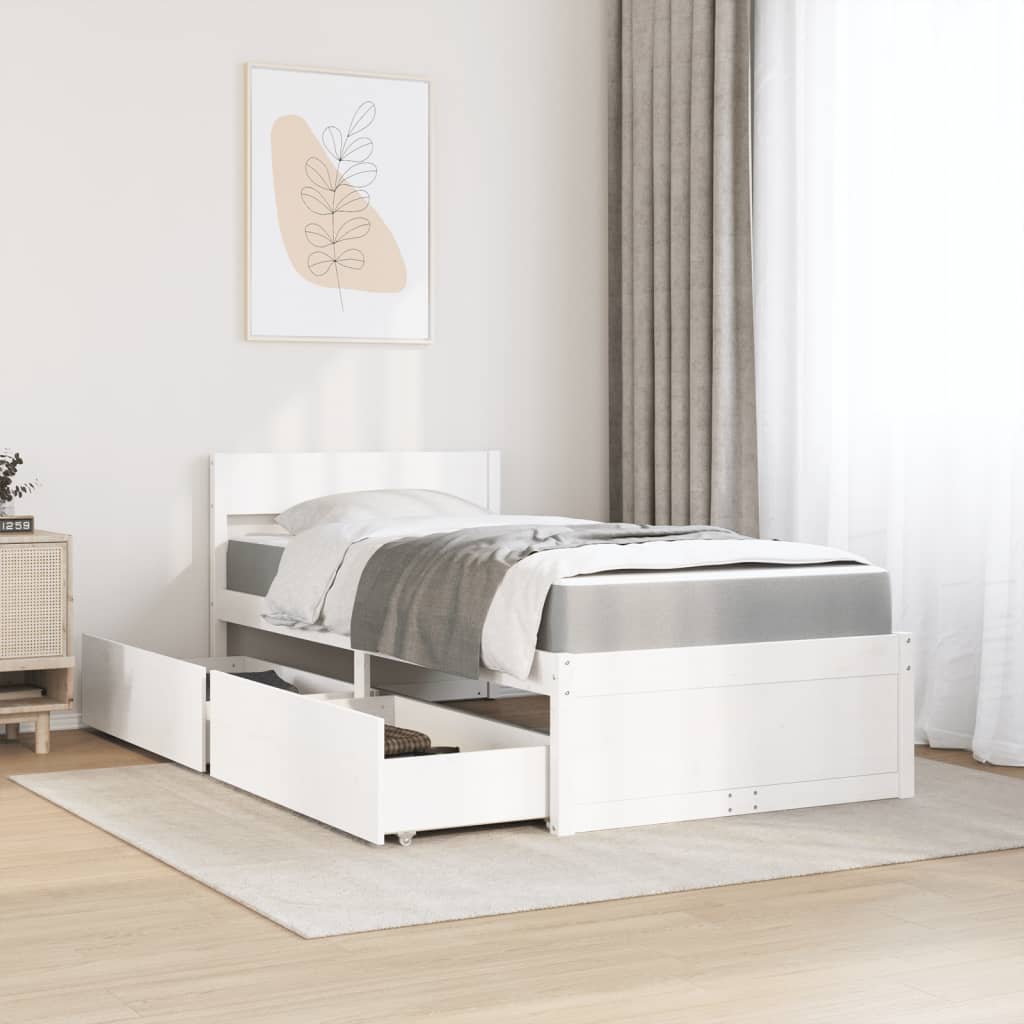 vidaXL Pat cu sertare și saltea, alb, 90x200 cm, lemn masiv pin vidaXL Pat cu sertare și saltea, alb, 90x200 cm, lemn masiv pin