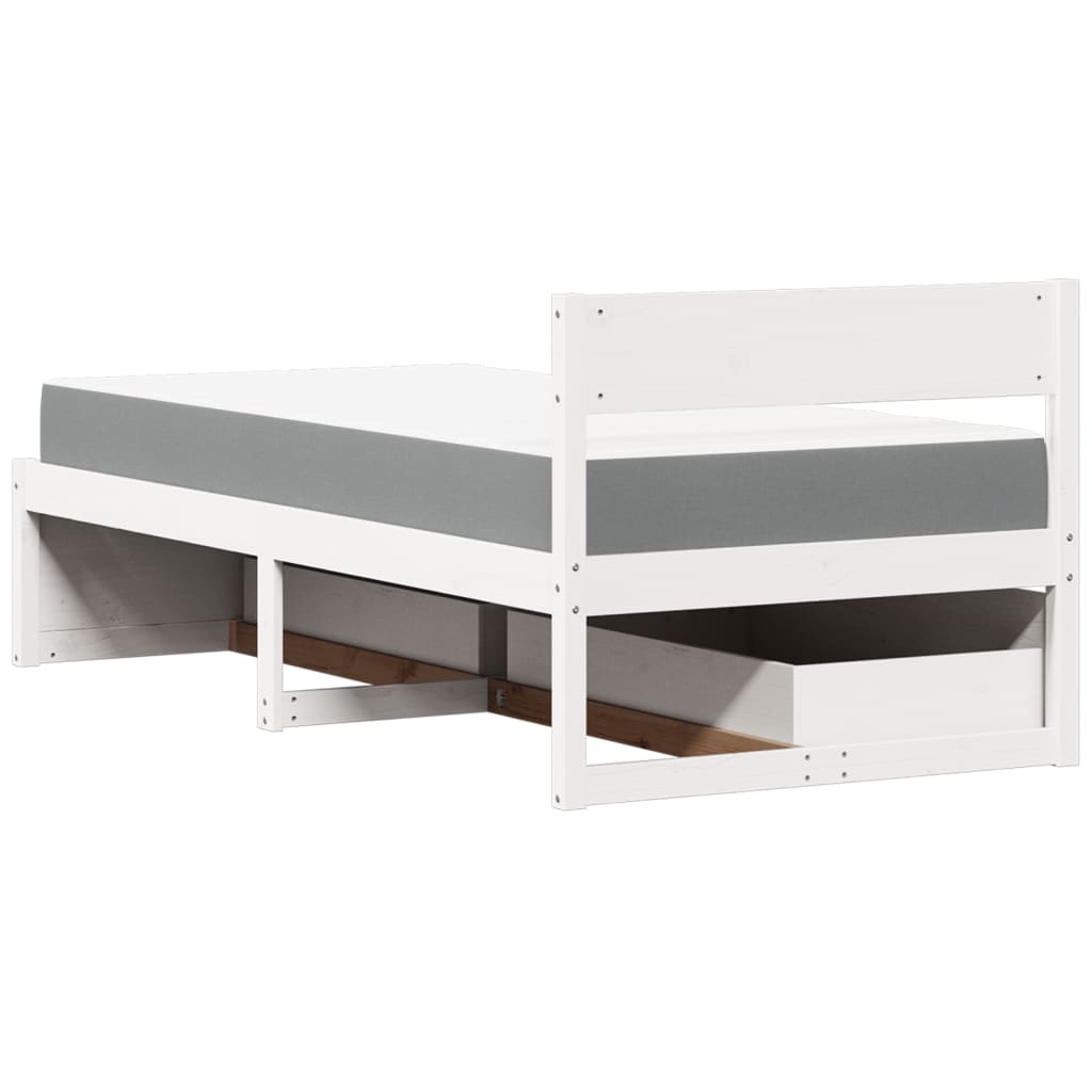 vidaXL Pat cu sertare și saltea, alb, 90x200 cm, lemn masiv pin vidaXL Pat cu sertare și saltea, alb, 90x200 cm, lemn masiv pin