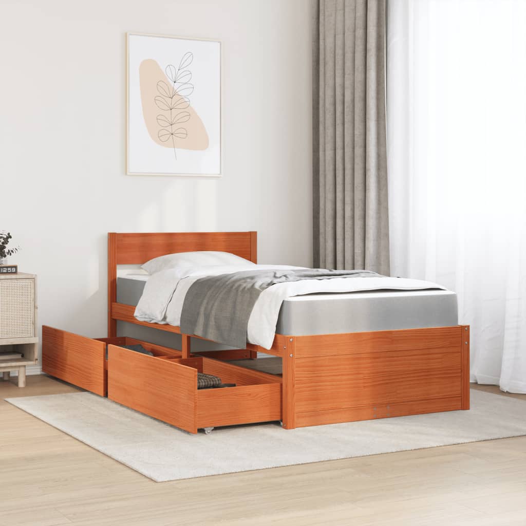 vidaXL Pat cu sertare saltea, maro ceruit, 90x200 cm, lemn masiv pin