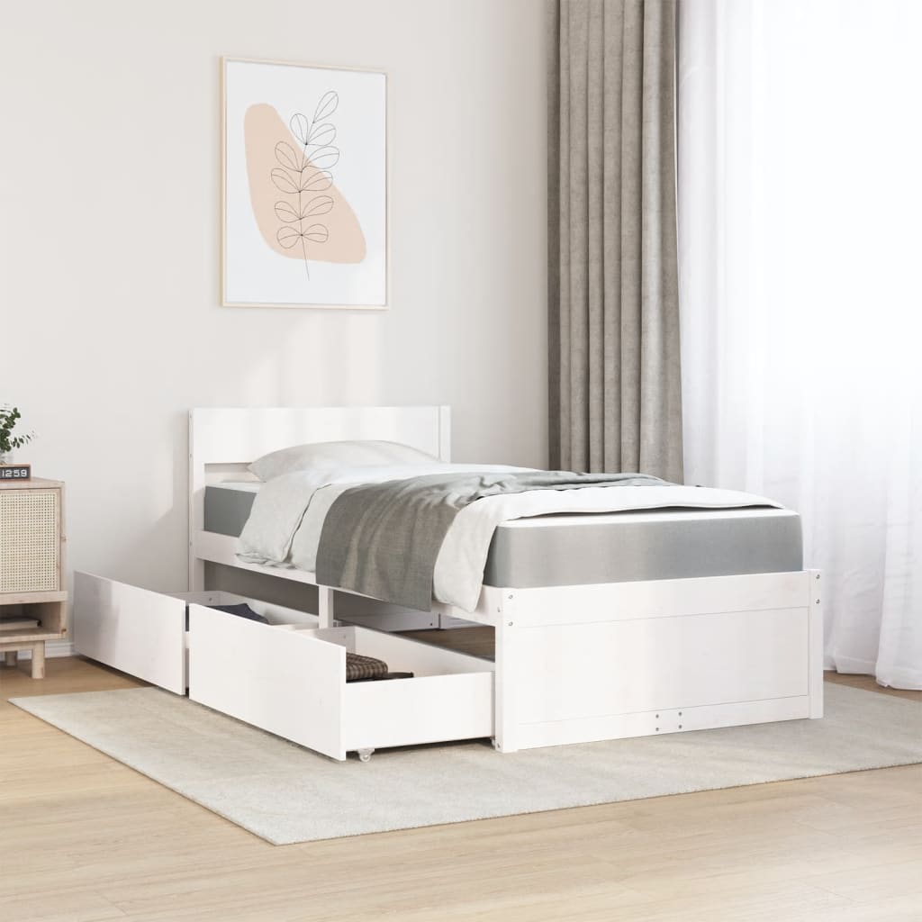 vidaXL Pat cu sertare și saltea, alb, 90x190 cm, lemn masiv pin vidaXL Pat cu sertare și saltea, alb, 90x190 cm, lemn masiv pin