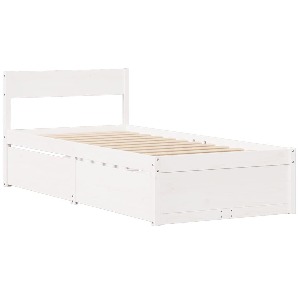 vidaXL Pat cu sertare și saltea, alb, 90x190 cm, lemn masiv pin vidaXL Pat cu sertare și saltea, alb, 90x190 cm, lemn masiv pin