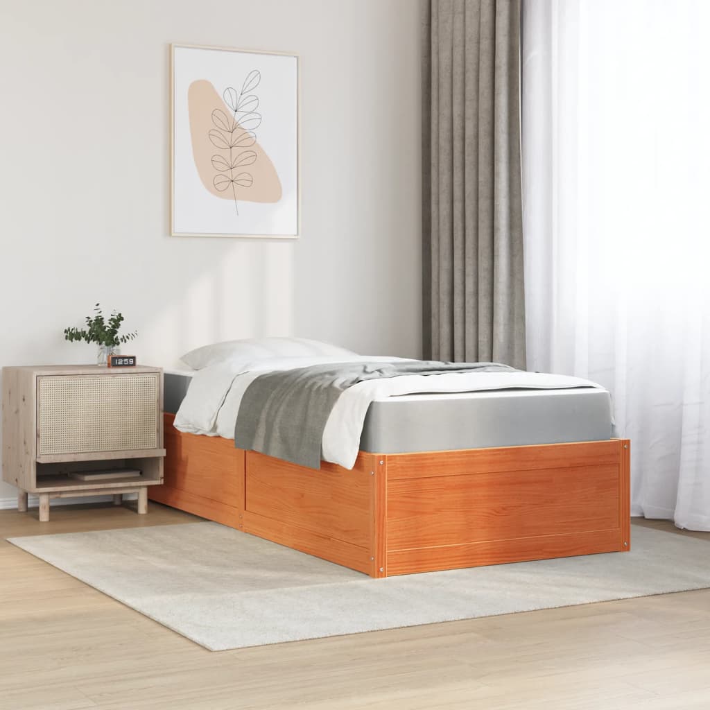 vidaXL Pat cu saltea, maro ceruit, 100x200 cm, lemn masiv pin vidaXL Pat cu saltea, maro ceruit, 100x200 cm, lemn masiv pin