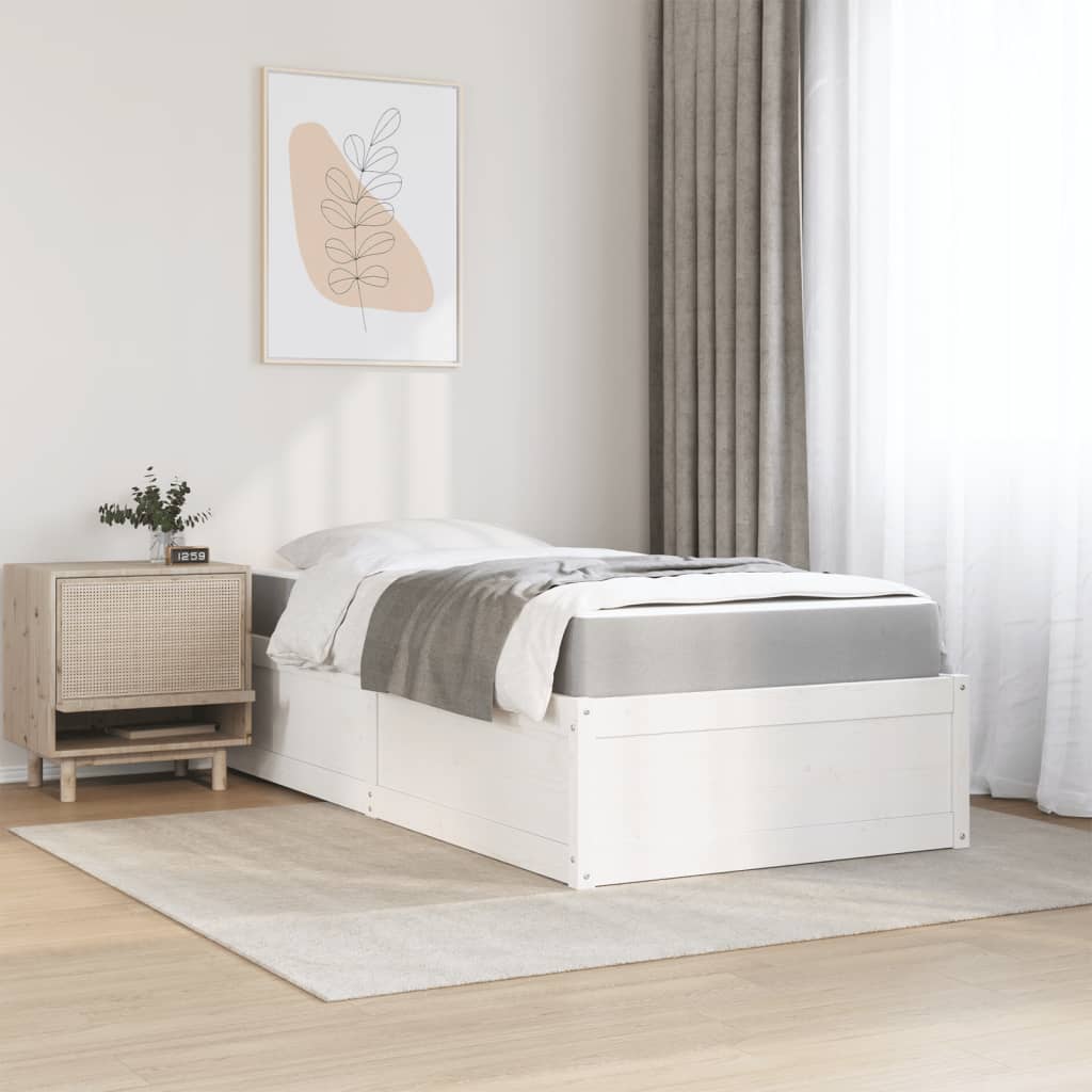 vidaXL Pat cu saltea, alb, 90x200 cm, lemn masiv pin