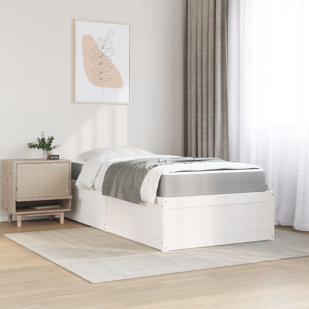 vidaXL Pat cu saltea, alb, 90x190 cm, lemn masiv pin