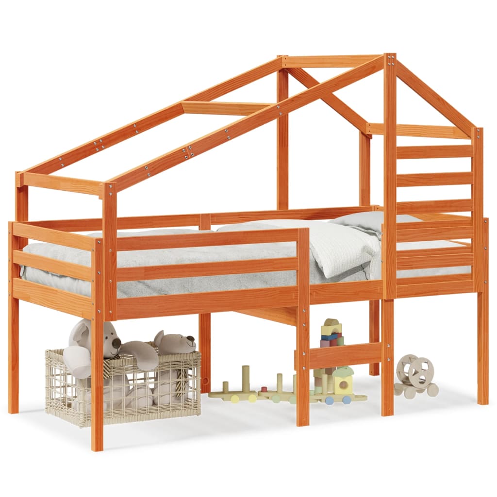 vidaXL Pat înalt cu acoperiș, maro ceruit, 80x200 cm, lemn masiv pin