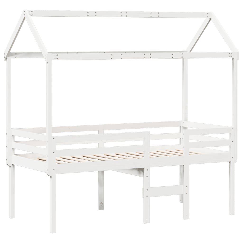vidaXL Pat înalt cu acoperiș, alb, 90x190 cm, lemn masiv de pin