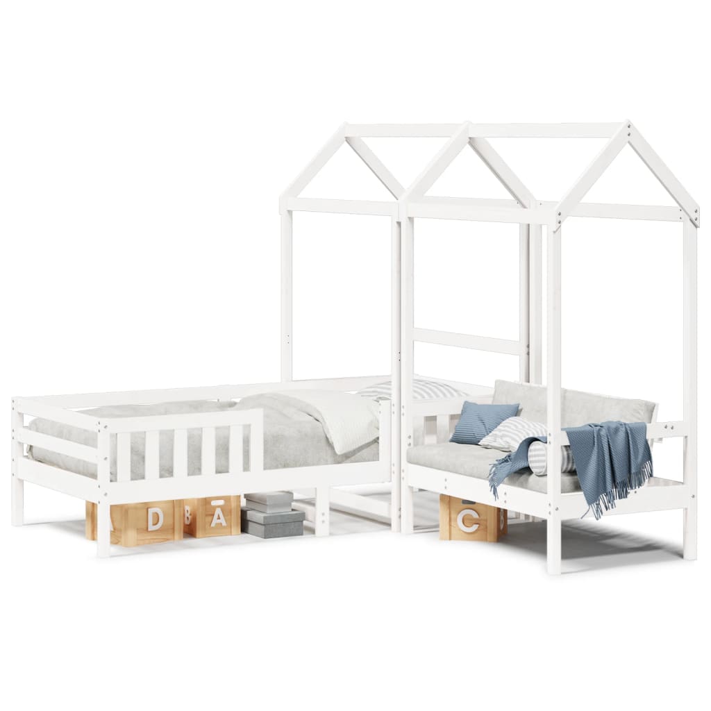 vidaXL Set pat și bancă cu acoperiș, alb, 100x200 cm, lemn masiv pin