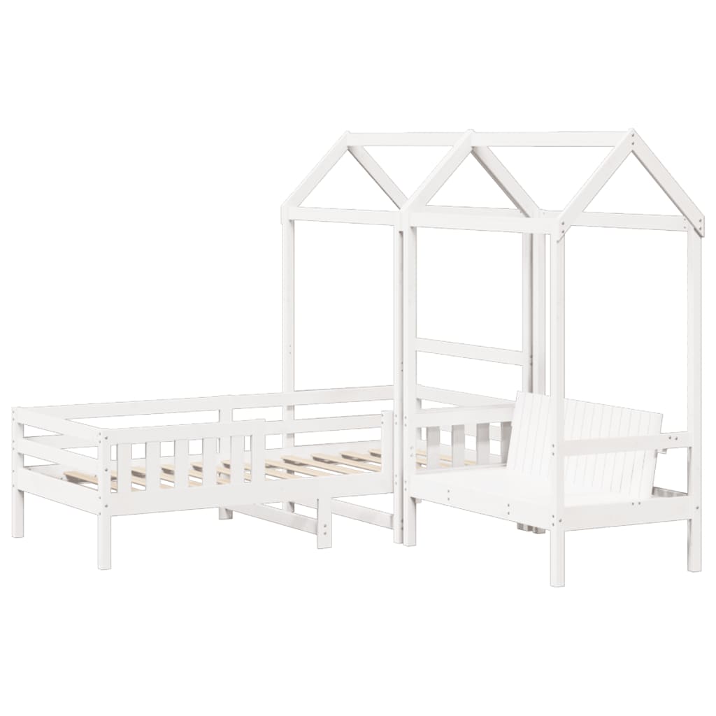 vidaXL Set pat și bancă cu acoperiș, alb, 100x200 cm, lemn masiv pin