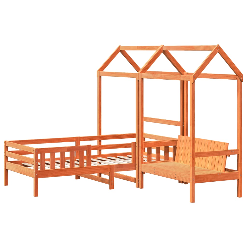 vidaXL Set pat bancă cu acoperiș maro ceruit 100x200 cm lemn masiv pin vidaXL Set pat bancă cu acoperiș maro ceruit 100x200 cm lemn masiv pin