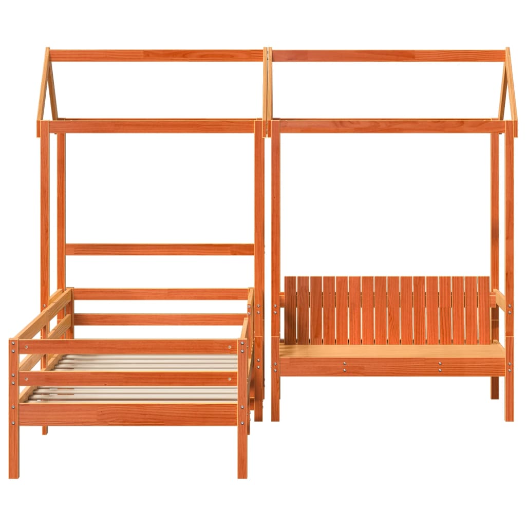 vidaXL Set pat bancă cu acoperiș maro ceruit 100x200 cm lemn masiv pin vidaXL Set pat bancă cu acoperiș maro ceruit 100x200 cm lemn masiv pin