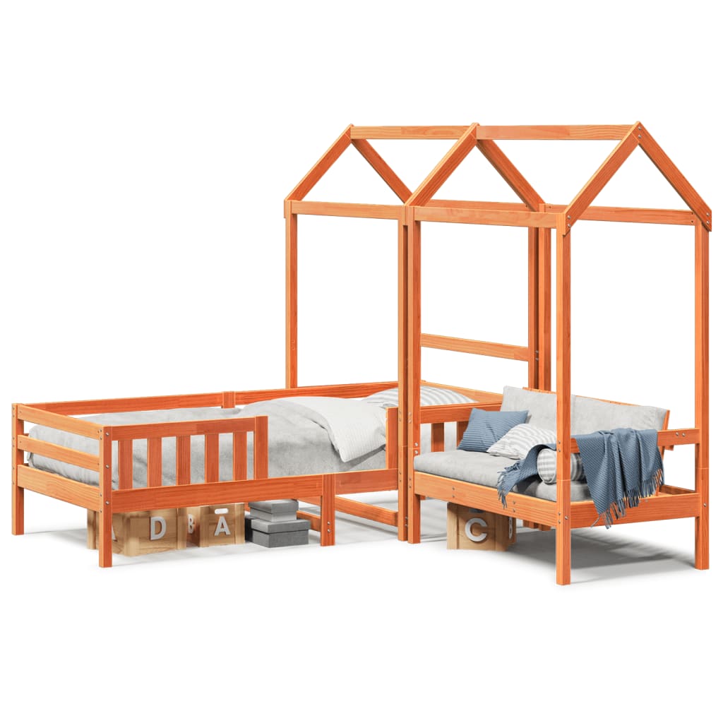 vidaXL Set pat bancă cu acoperiș maro ceruit 80x200cm lemn masiv pin vidaXL Set pat bancă cu acoperiș maro ceruit 80x200cm lemn masiv pin