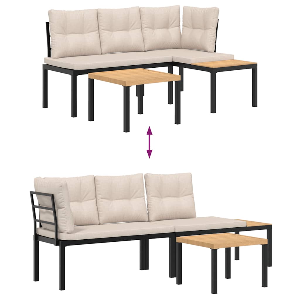 vidaXL Bănci grădină cu perne, 3 buc., negru oțel vopsit electrostatic