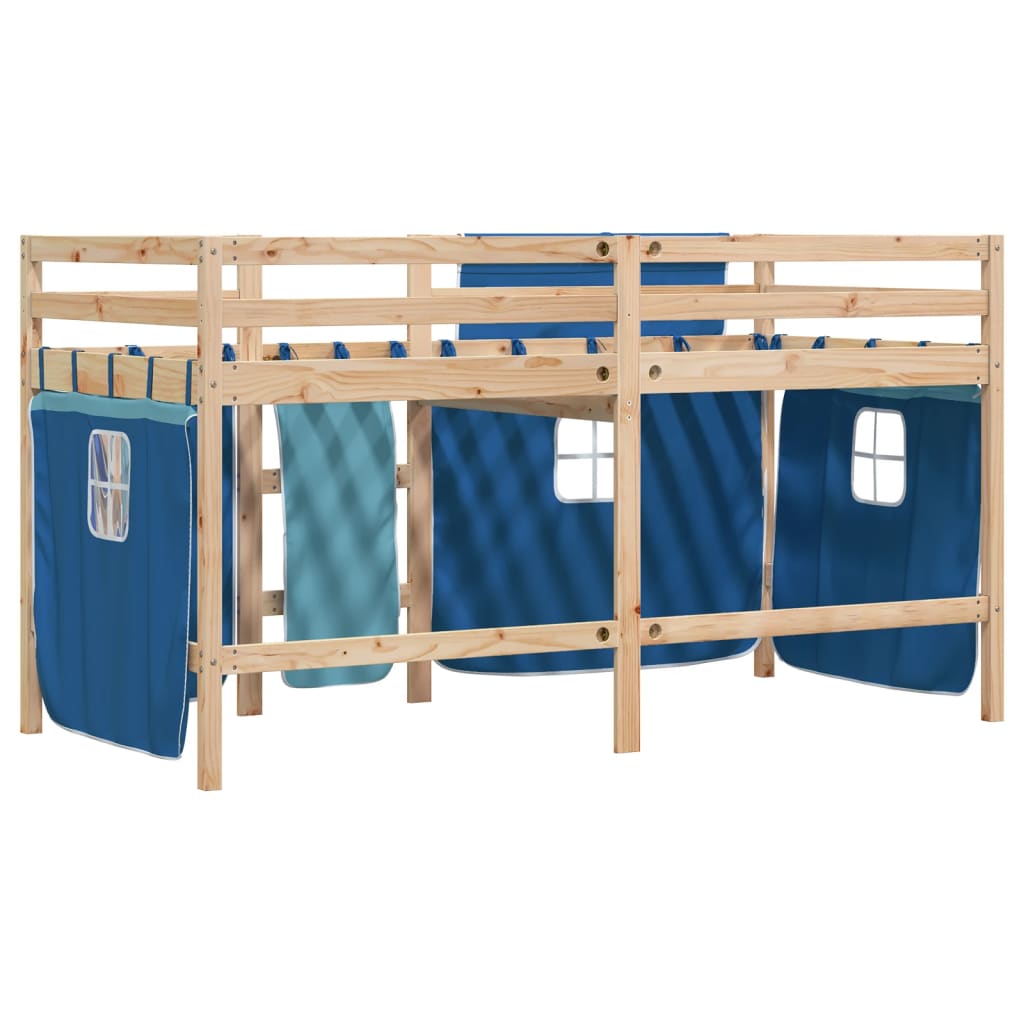 vidaXL Pat etajat de copii cu perdele, blå, 90x200 cm, lemn masiv pin vidaXL Pat etajat de copii cu perdele, blå, 90x200 cm, lemn masiv pin