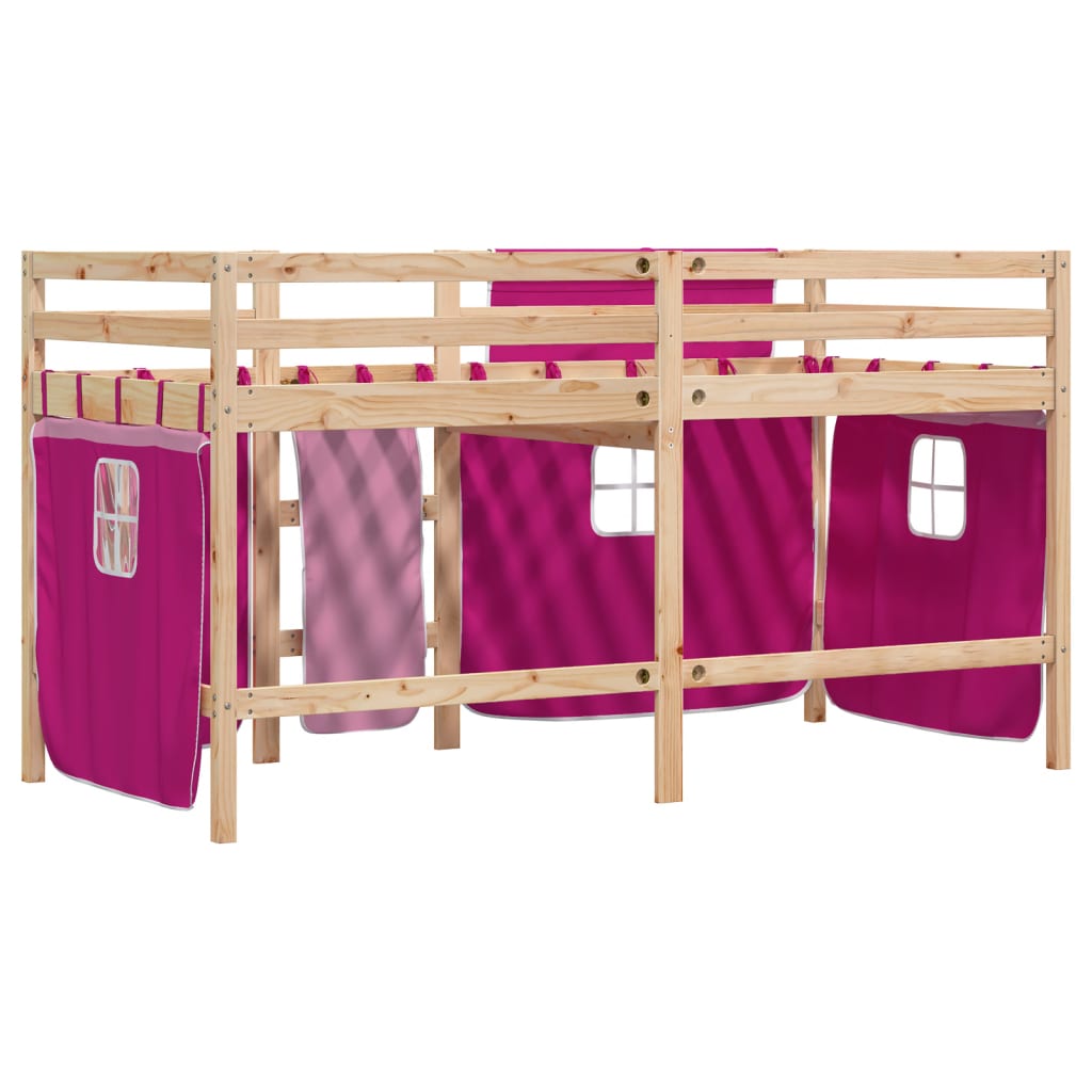 vidaXL Pat etajat de copii cu perdele, roz, 90x200 cm, lemn masiv pin vidaXL Pat etajat de copii cu perdele, roz, 90x200 cm, lemn masiv pin