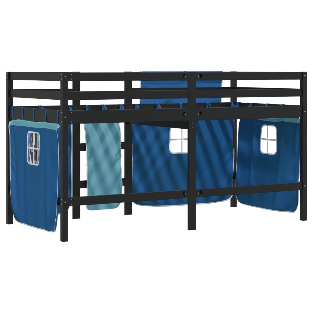 vidaXL Pat etajat de copii cu perdele, blå, 90x200 cm, lemn masiv pin vidaXL Pat etajat de copii cu perdele, blå, 90x200 cm, lemn masiv pin