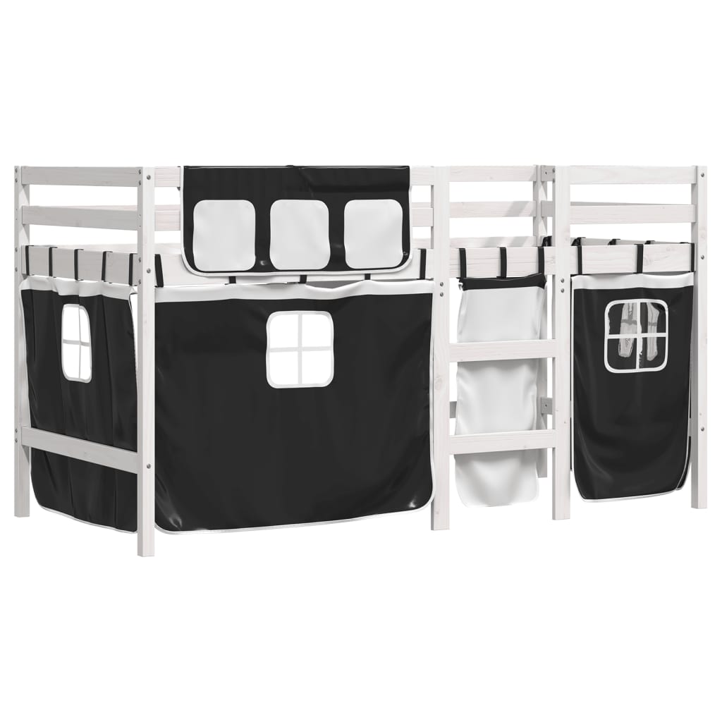 vidaXL Pat etajat de copii perdele, alb/negru 90x190 cm lemn masiv pin vidaXL Pat etajat de copii perdele, alb/negru 90x190 cm lemn masiv pin