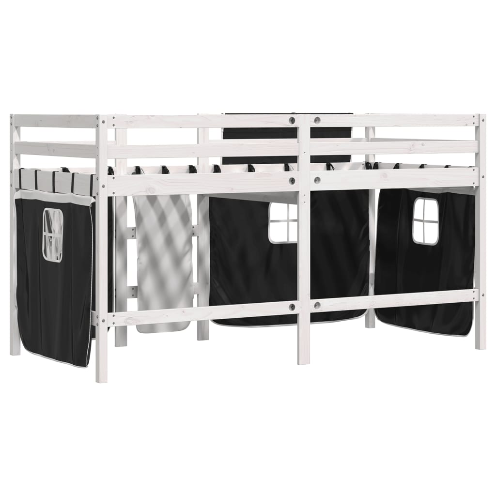 vidaXL Pat etajat de copii perdele, alb/negru 90x190 cm lemn masiv pin vidaXL Pat etajat de copii perdele, alb/negru 90x190 cm lemn masiv pin