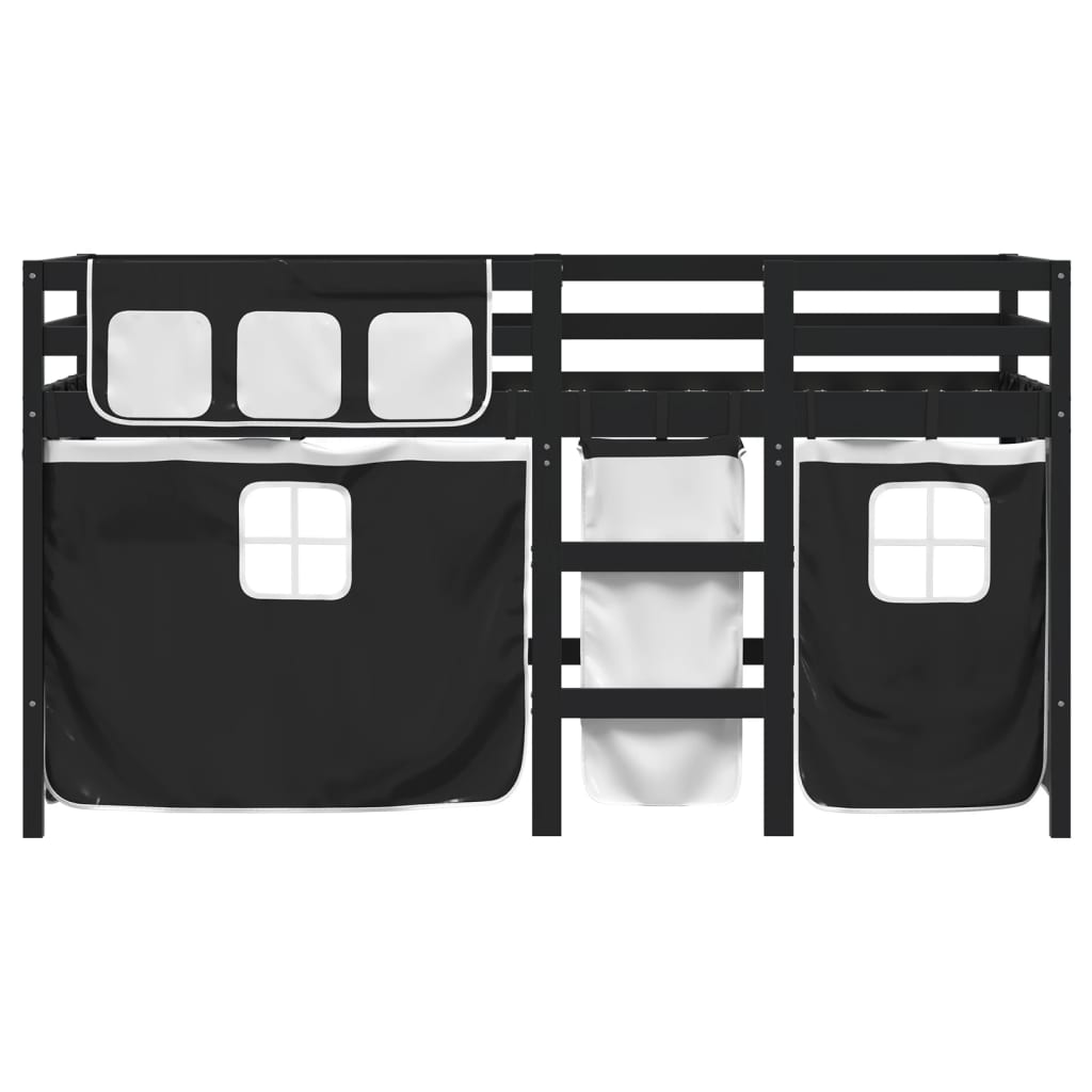 vidaXL Pat etajat de copii perdele, alb/negru 90x190 cm lemn masiv pin