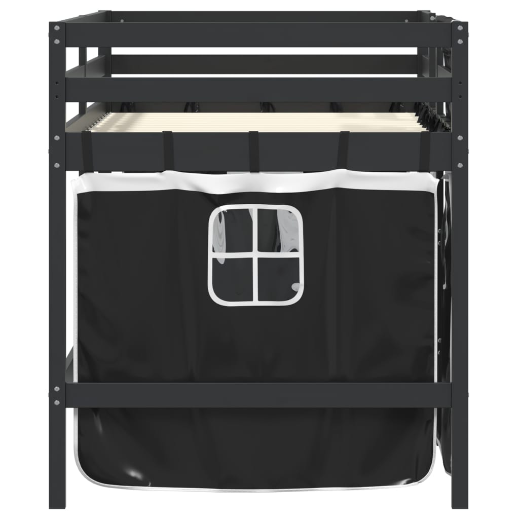 vidaXL Pat etajat de copii perdele, alb/negru 90x190 cm lemn masiv pin