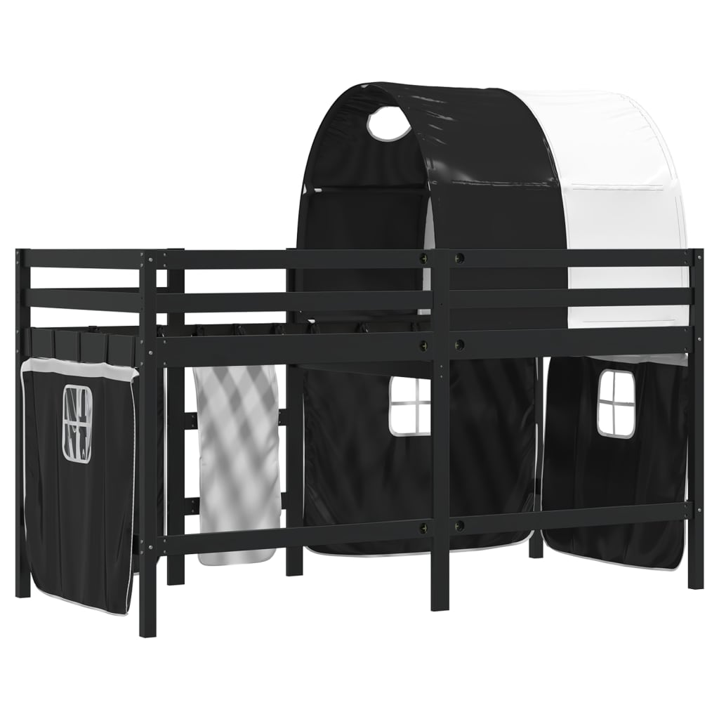 vidaXL Pat etajat de copii cu tunel alb/negru 80x200 cm lemn masiv pin