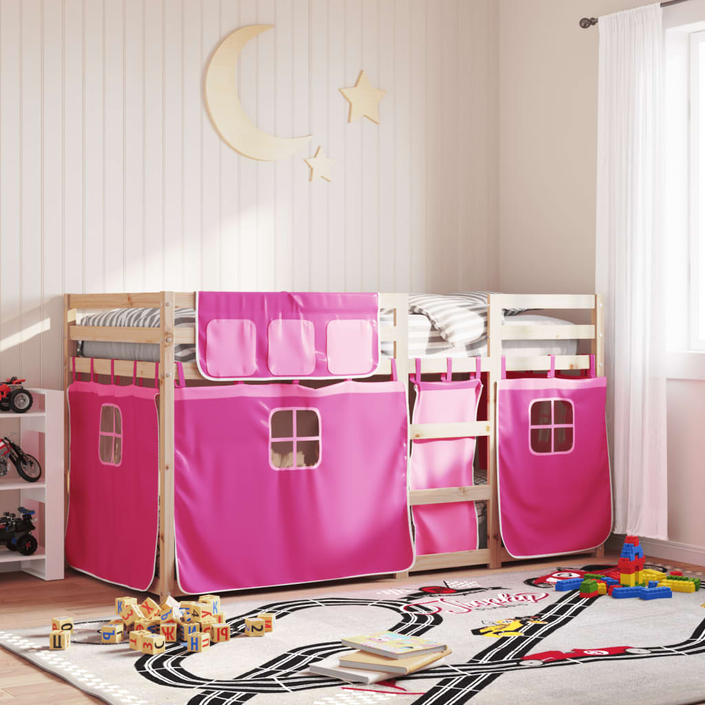 vidaXL Pat supraetajat cu perdele, roz, 90x200 cm, lemn masiv pin vidaXL Pat supraetajat cu perdele, roz, 90x200 cm, lemn masiv pin