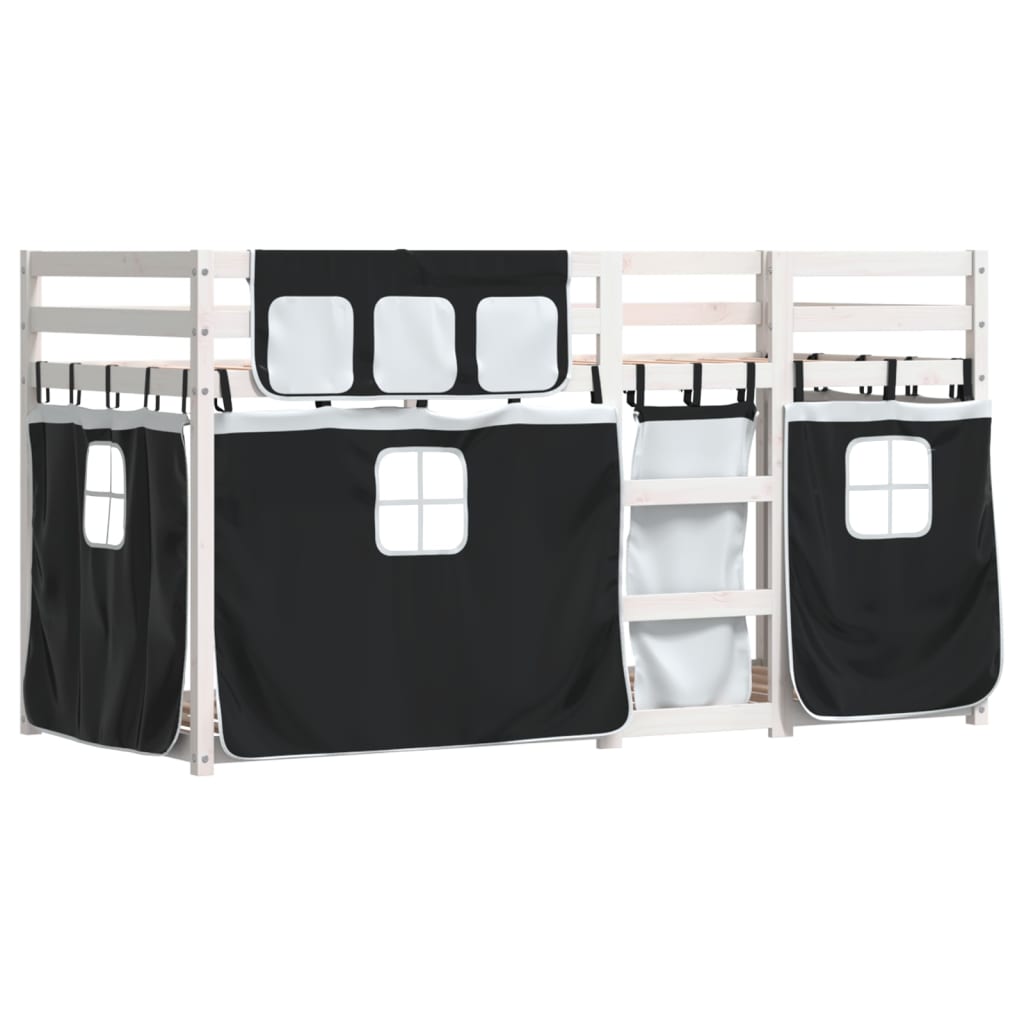 vidaXL Pat supraetajat de copii perdele, alb/negru, 90x200 cm lemn pin