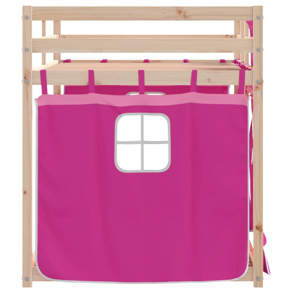 vidaXL Pat supraetajat cu perdele, roz, 90x190 cm, lemn masiv pin