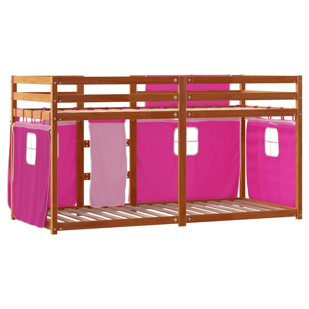 vidaXL Pat supraetajat cu perdele, roz, 75x190 cm, lemn masiv pin