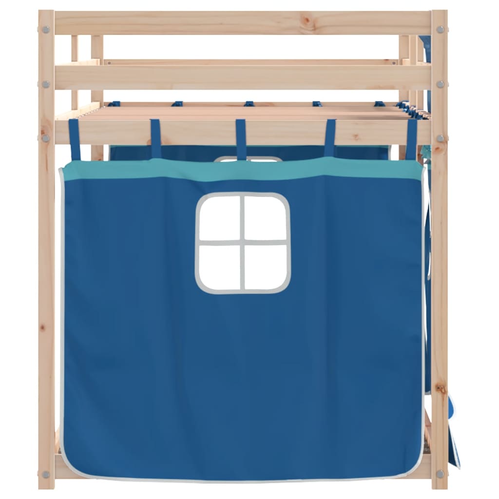 vidaXL Pat supraetajat cu perdele, albastru, 90x190 cm, lemn masiv pin