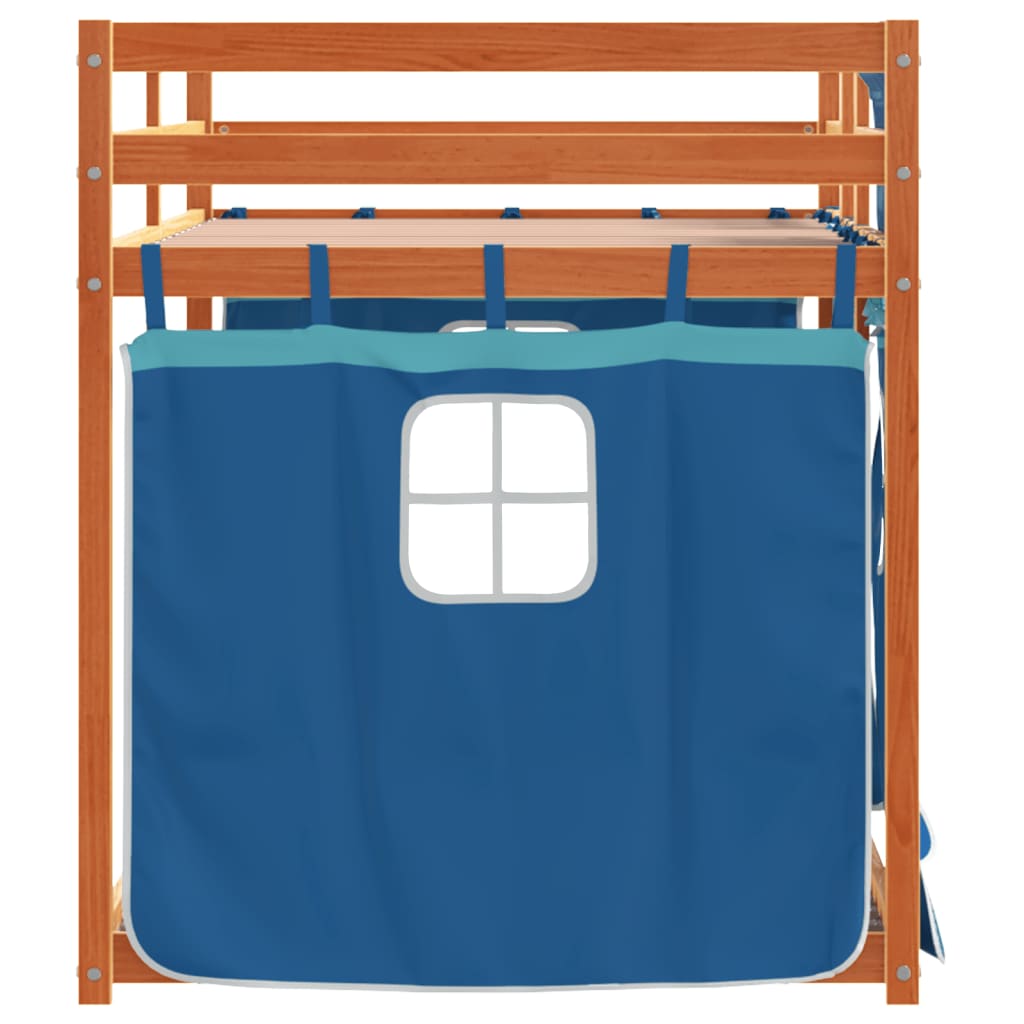 vidaXL Pat supraetajat cu perdele, albastru, 90x190 cm, lemn masiv pin