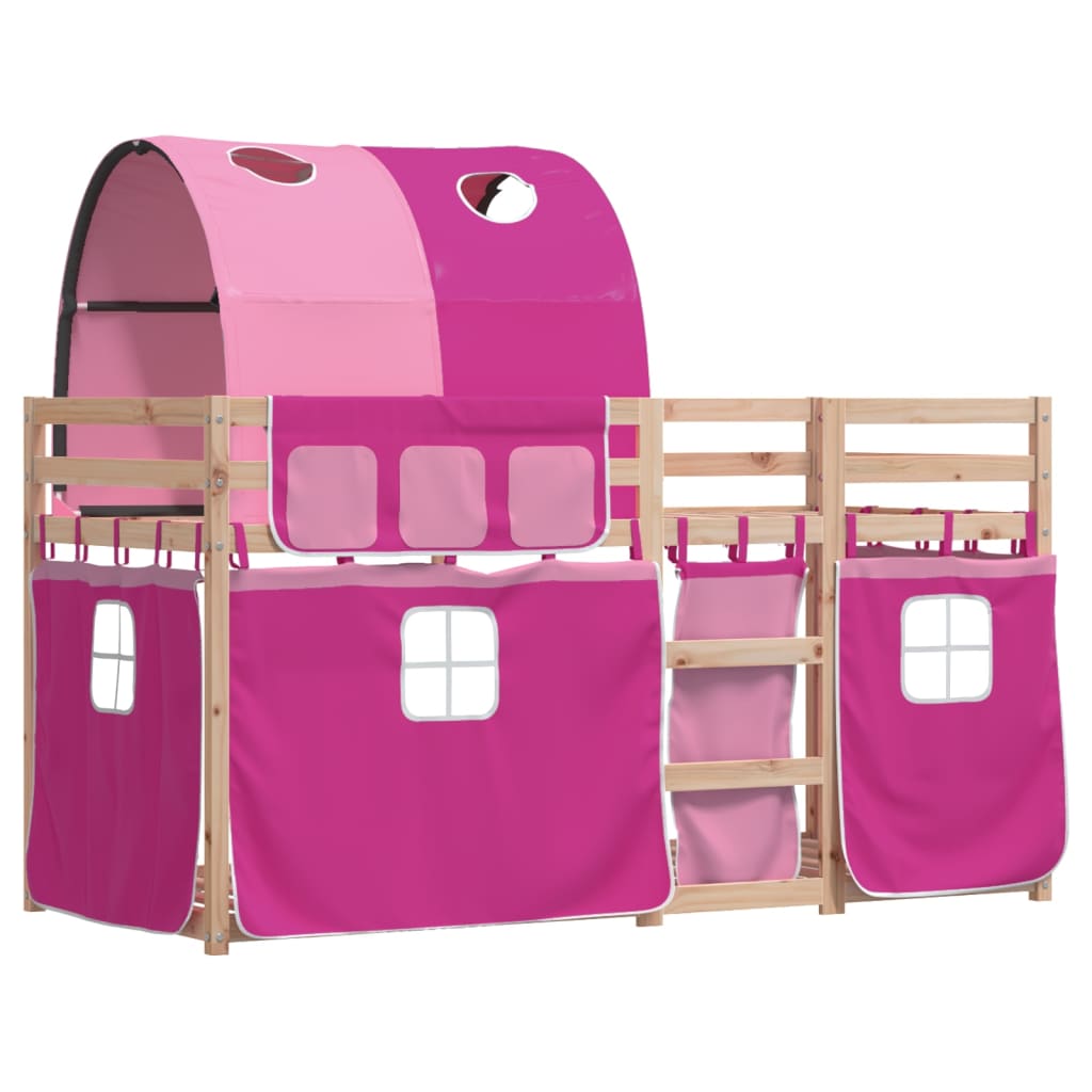 vidaXL Pat supraetajat cu perdele, roz, 90x190 cm, lemn masiv pin