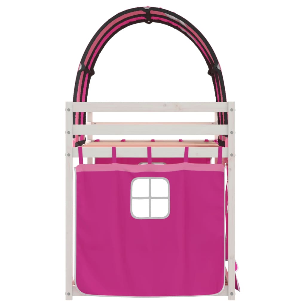 vidaXL Pat supraetajat cu perdele, roz, 75x190 cm, lemn masiv pin