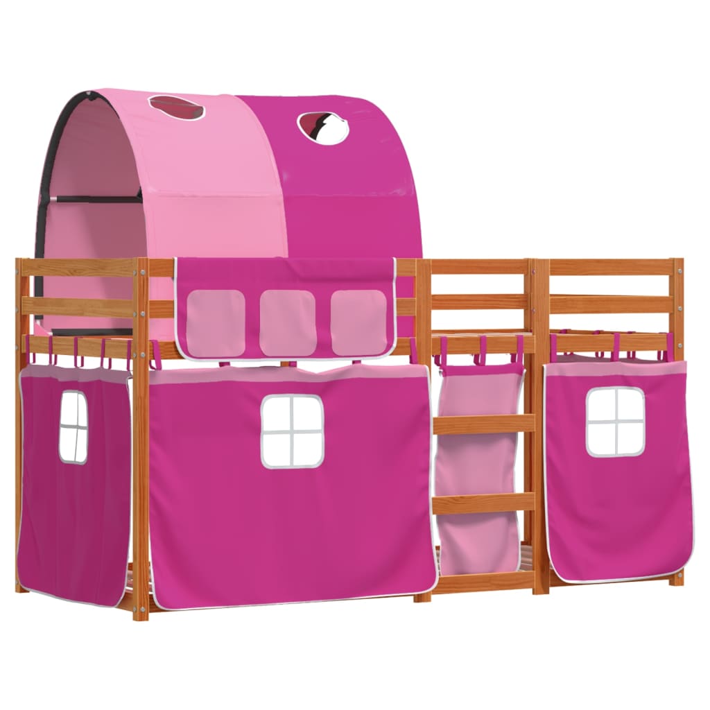 vidaXL Pat supraetajat cu perdele, roz, 75x190 cm, lemn masiv pin