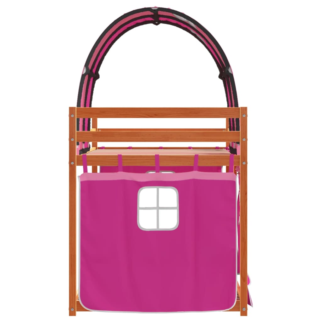 vidaXL Pat supraetajat cu perdele, roz, 75x190 cm, lemn masiv pin