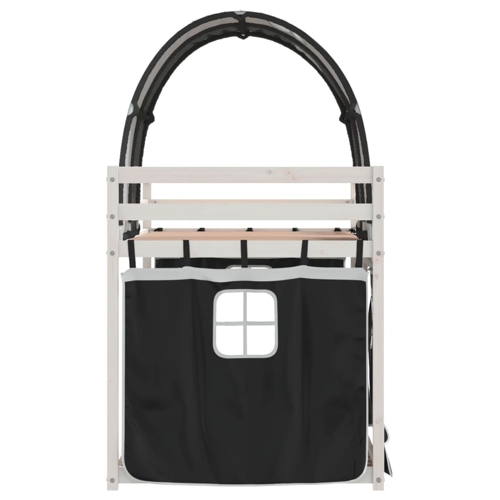 vidaXL Pat supraetajat de copii perdele, alb/negru, 90x190 cm lemn pin