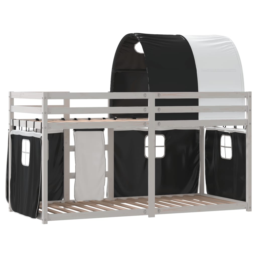 vidaXL Pat supraetajat de copii perdele, alb/negru, 90x190 cm lemn pin