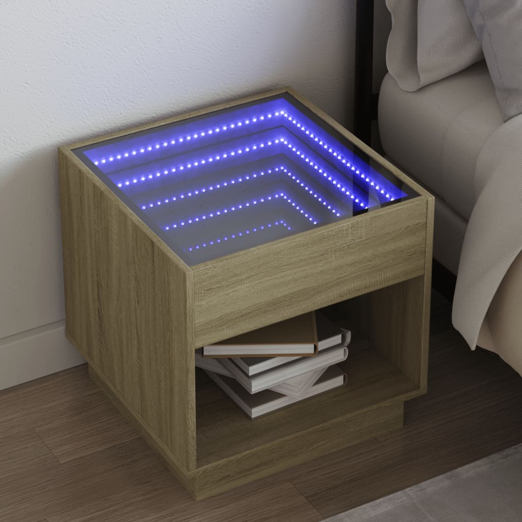 vidaXL Noptieră cu LED infinity, stejar sonoma, 50x50x50 cm vidaXL Noptieră cu LED infinity, stejar sonoma, 50x50x50 cm