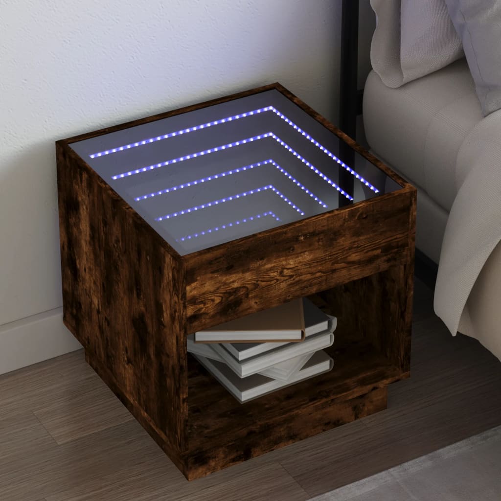vidaXL Noptieră cu LED infinity, stejar fumuriu, 50x50x50 cm vidaXL Noptieră cu LED infinity, stejar fumuriu, 50x50x50 cm