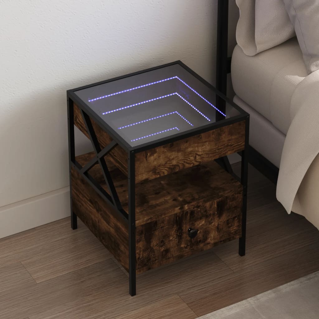 vidaXL Noptieră cu LED infinity, stejar fumuriu, 40x40x51 cm vidaXL Noptieră cu LED infinity, stejar fumuriu, 40x40x51 cm